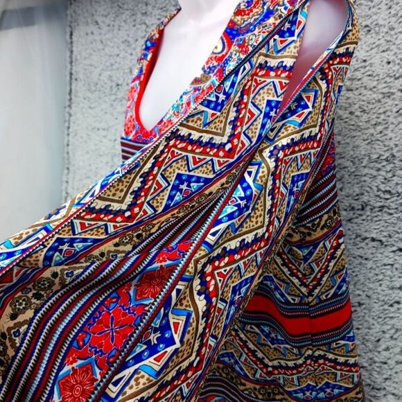 CATO Woman's Medium Lined Midi V- Neck Long Sleeve Multicolor Pattern. Blue/ Red - Picture 3 of 13